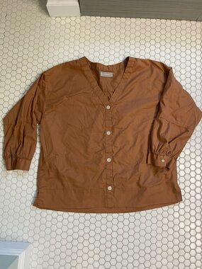 Everlane Size 10 Tawny Brown Silky Cotton Lantern Blouse Top Button Up Casual